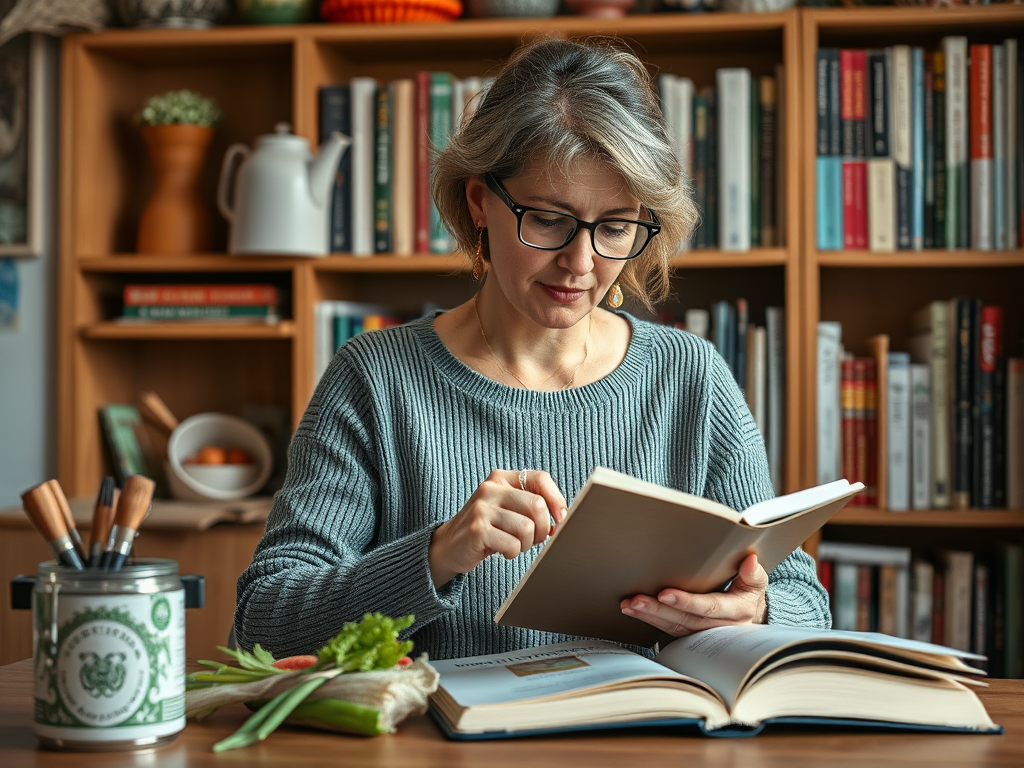 Женщина читает книгу за столом, на котором лежат овощи и кружка с карандашами, на фоне книжной полки.